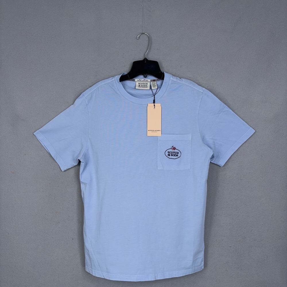 Scotch & Soda T-Shirt Men Medium Blue Solid Embroidered Pocket Tee Casual Preppy